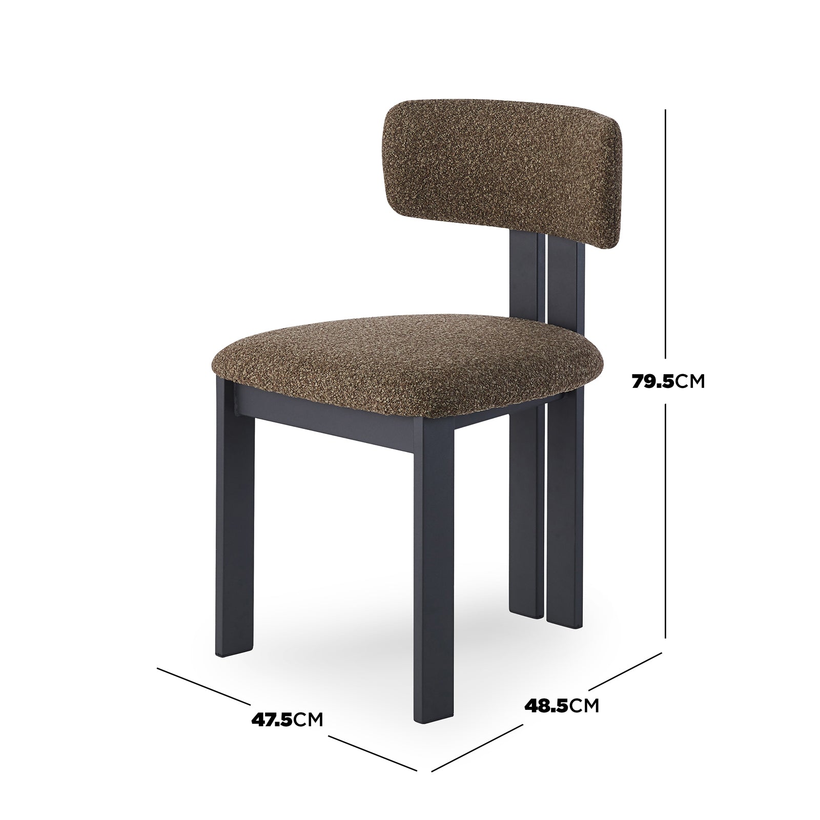 Haleo Curved Boucle Dining Chair Set of 2 in Rust Brown, featuring a dark frame, textured boucle upholstery, and supportive curved backrest. Dimensions: Width 47.5 cm, Depth 48.5 cm, Height 79.5 cm.