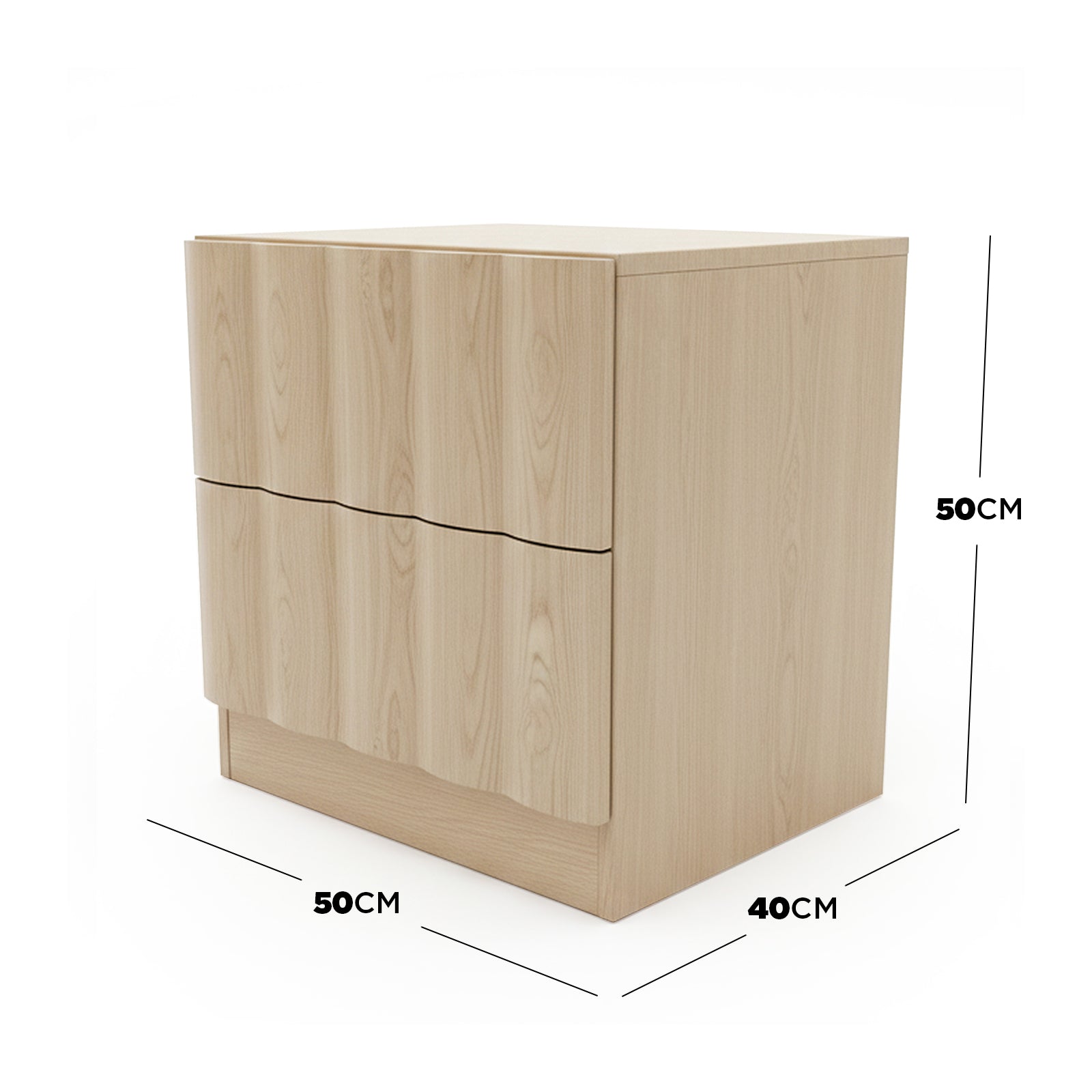 Light wood two-drawer bedside table on white background with dimensions annotated
