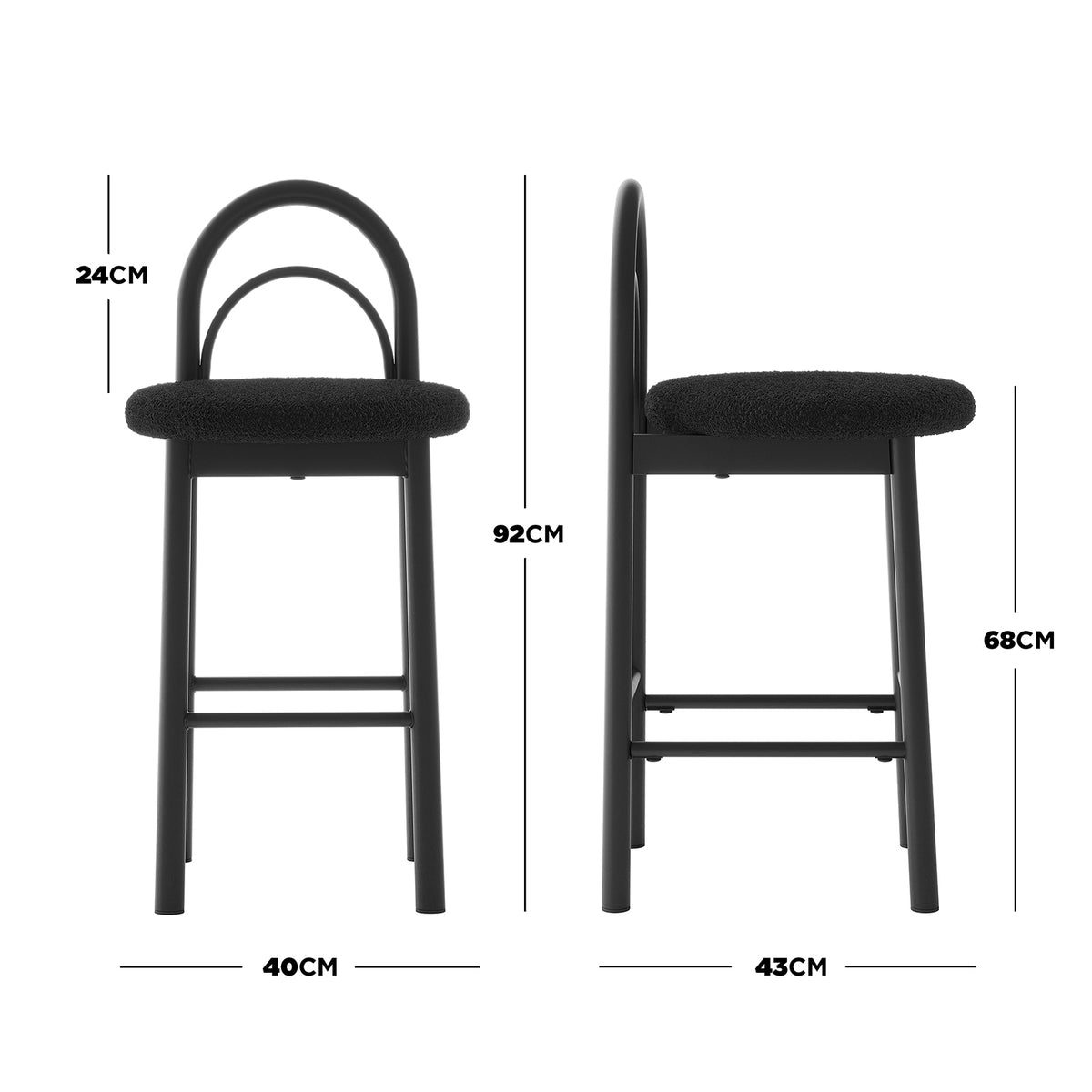 Black chair shown front and side with dimensions marked on a white background