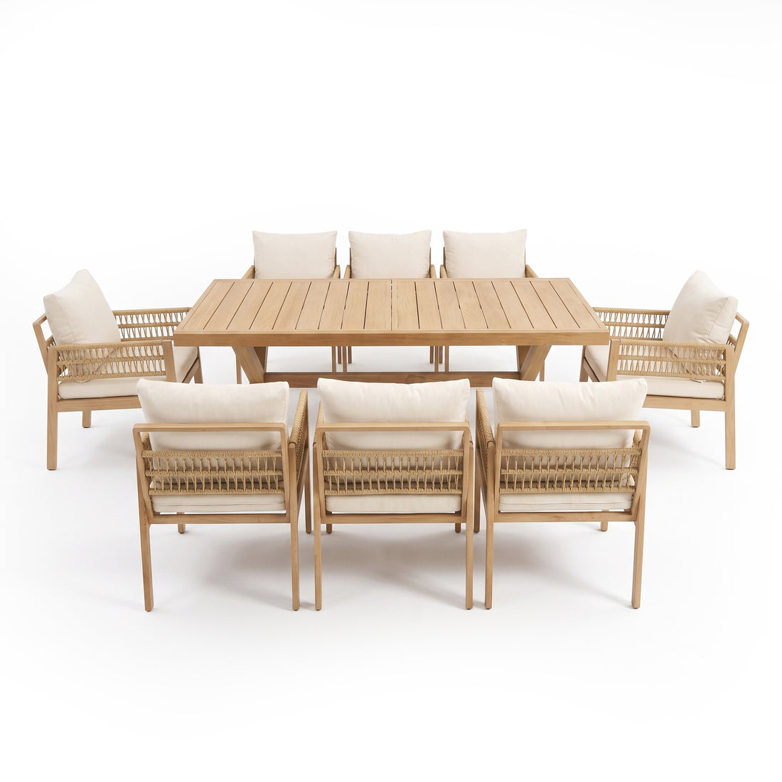 Complete wooden dining set with six chairs on white background