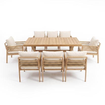 Complete wooden dining set with six chairs on white background