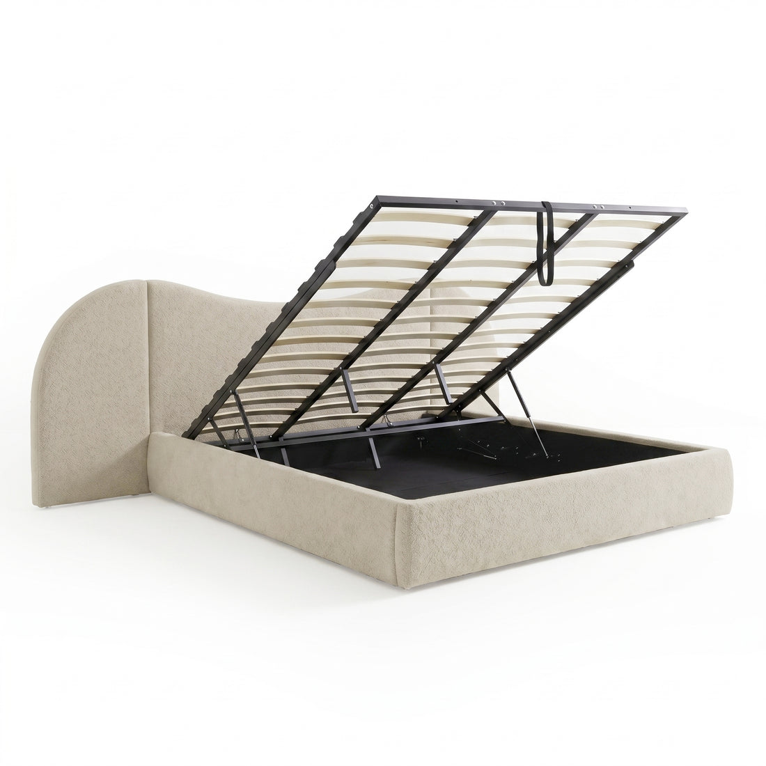 Storage bed with lift-up slatted base on white background