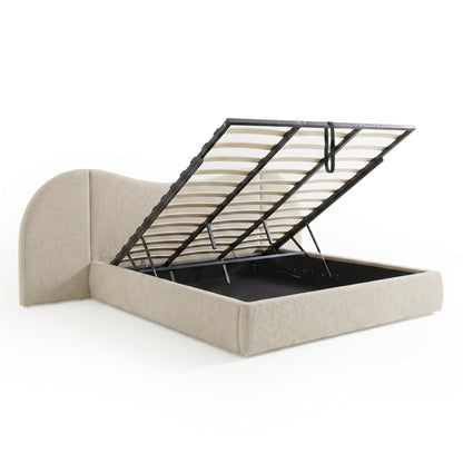 Storage bed with lift-up slatted base on white background