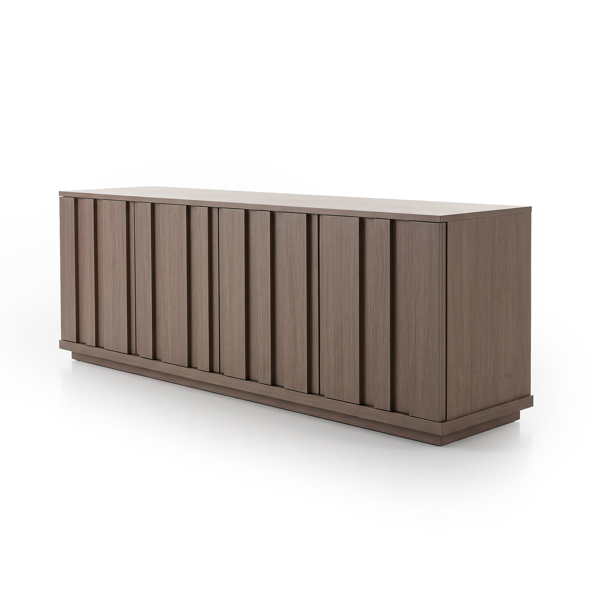 Full view of a modern wooden credenza on a white background