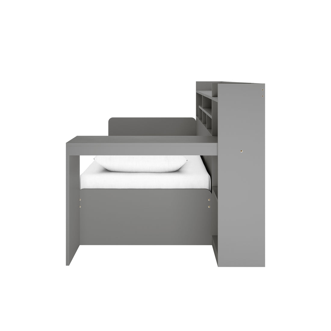 Hally Storage Single Bed with Desk and Drawers in Grey, featuring a single-bed frame with integrated cubby-style shelving and a desk extending from the foot, offering a compact all-in-one solution.