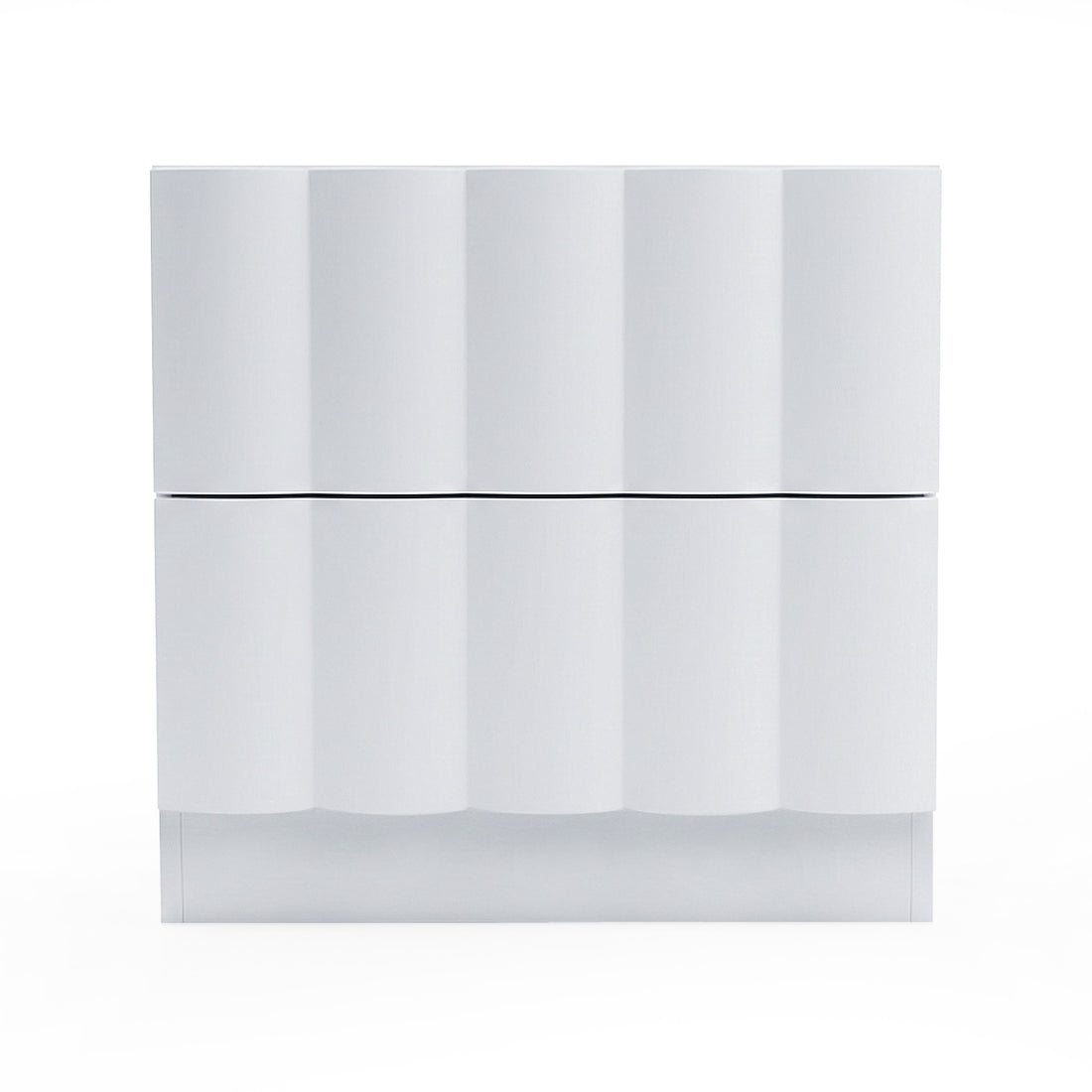 Modern white two-drawer cabinet on white background