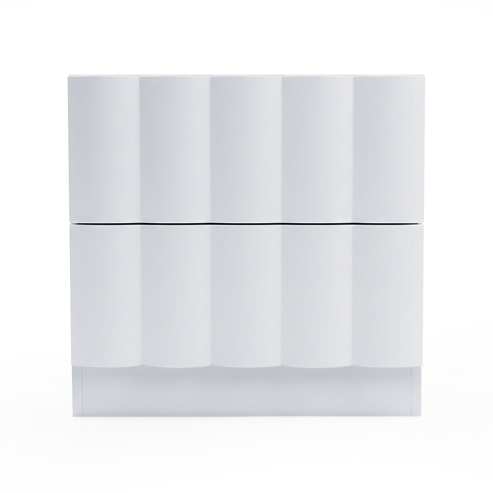 Modern white two-drawer cabinet on white background