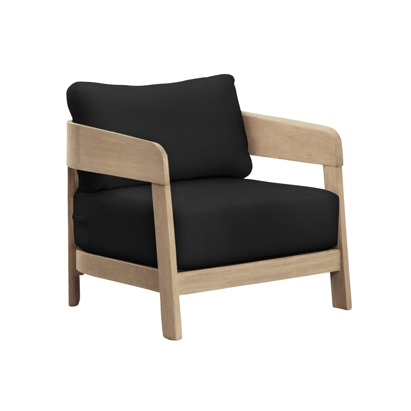 Elani 5 Seater Acacia Hardwood Outdoor Sofa Set in Black, featuring a light-wood frame with curving armrests and plush black-upholstered cushions, offers stylish comfort and durability for alfresco lounging.