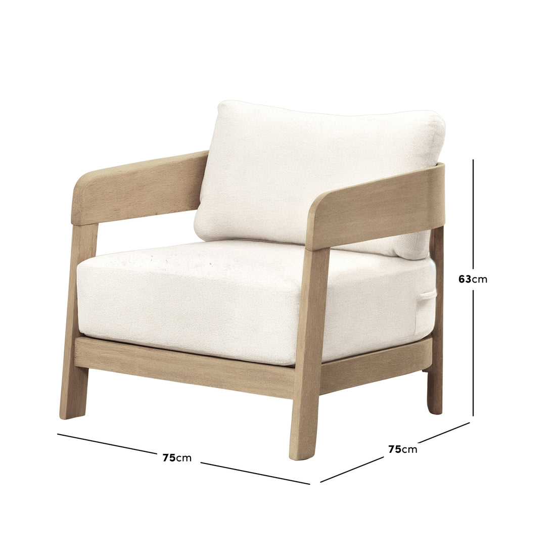 Elani 5 Seater Acacia Hardwood Outdoor Sofa Set in Cream; features a single armchair with a light-wood frame and plush off-white cushions, measuring 75 cm wide by 75 cm deep.