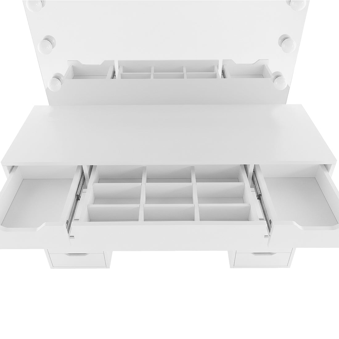Jenna Hollywood LED Mirror Dressing Table in White features a flip-up mirror with six bulbs, pull-out side trays, and a central drawer with nine compartments, ideal for organizing beauty essentials.