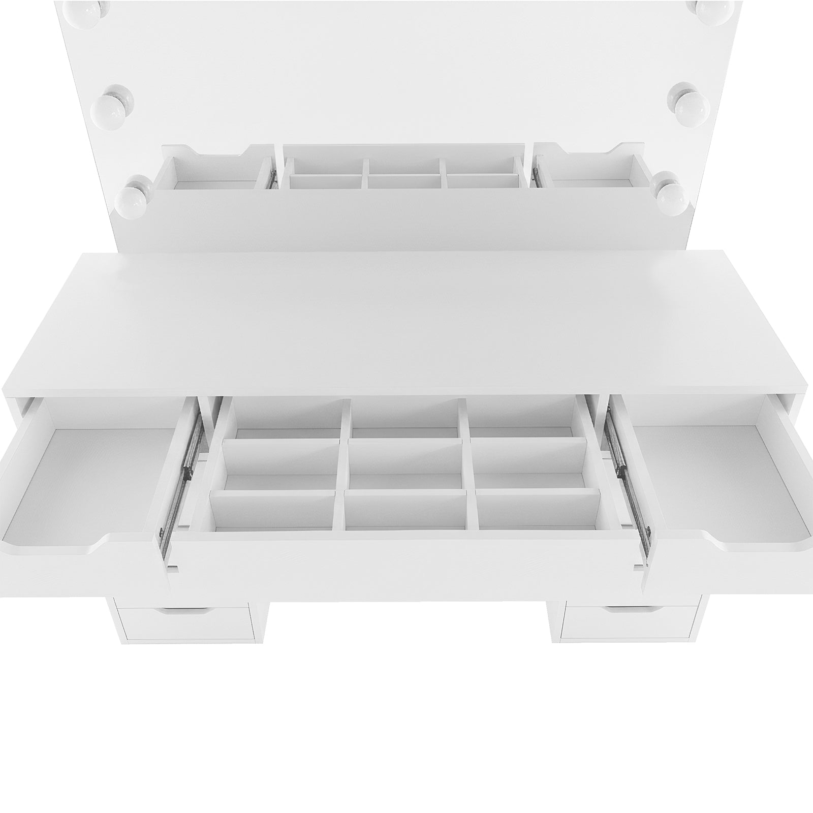 Jenna Hollywood LED Mirror Dressing Table in White features a flip-up mirror with six bulbs, pull-out side trays, and a central drawer with nine compartments, ideal for organizing beauty essentials.