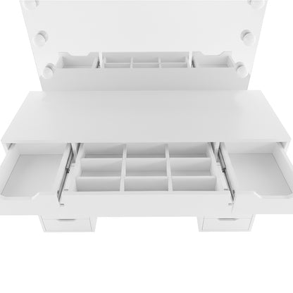 Jenna Hollywood LED Mirror Dressing Table in White features a flip-up mirror with six bulbs, pull-out side trays, and a central drawer with nine compartments, ideal for organizing beauty essentials.