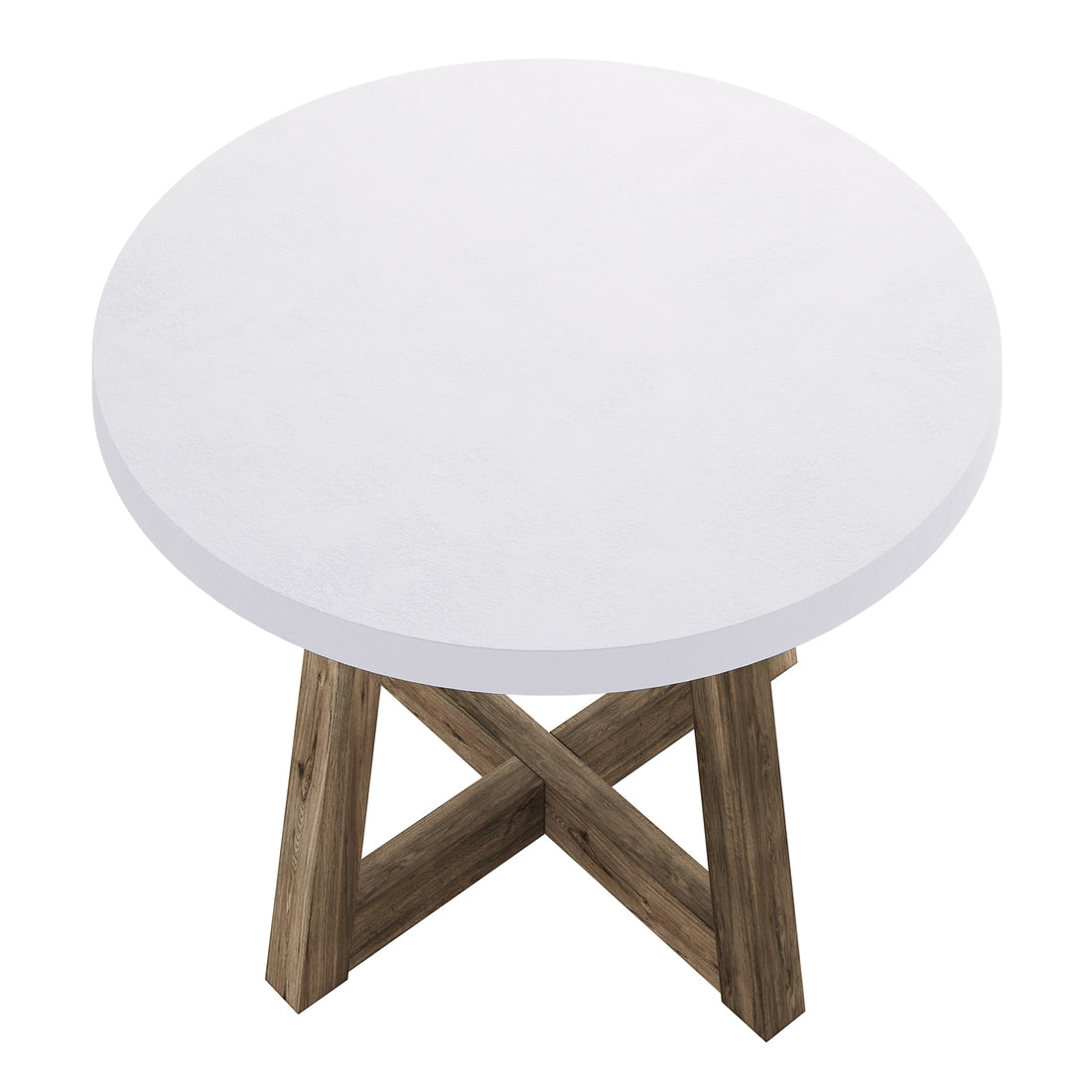 Magnus Hardwood and Concrete Outdoor Dining Table in White, featuring a smooth round concrete top and crossed-leg natural wood base, designed for stylish and stable alfresco dining.