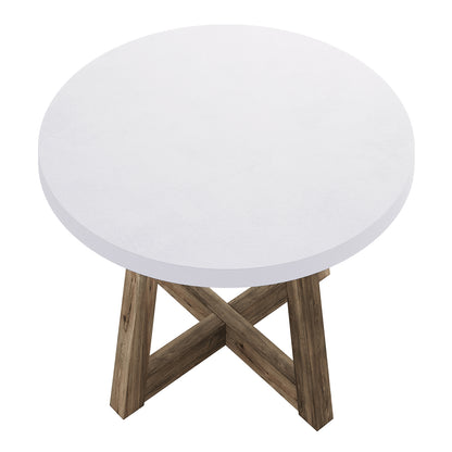 Magnus Hardwood and Concrete Outdoor Dining Table in White, featuring a smooth round concrete top and crossed-leg natural wood base, designed for stylish and stable alfresco dining.