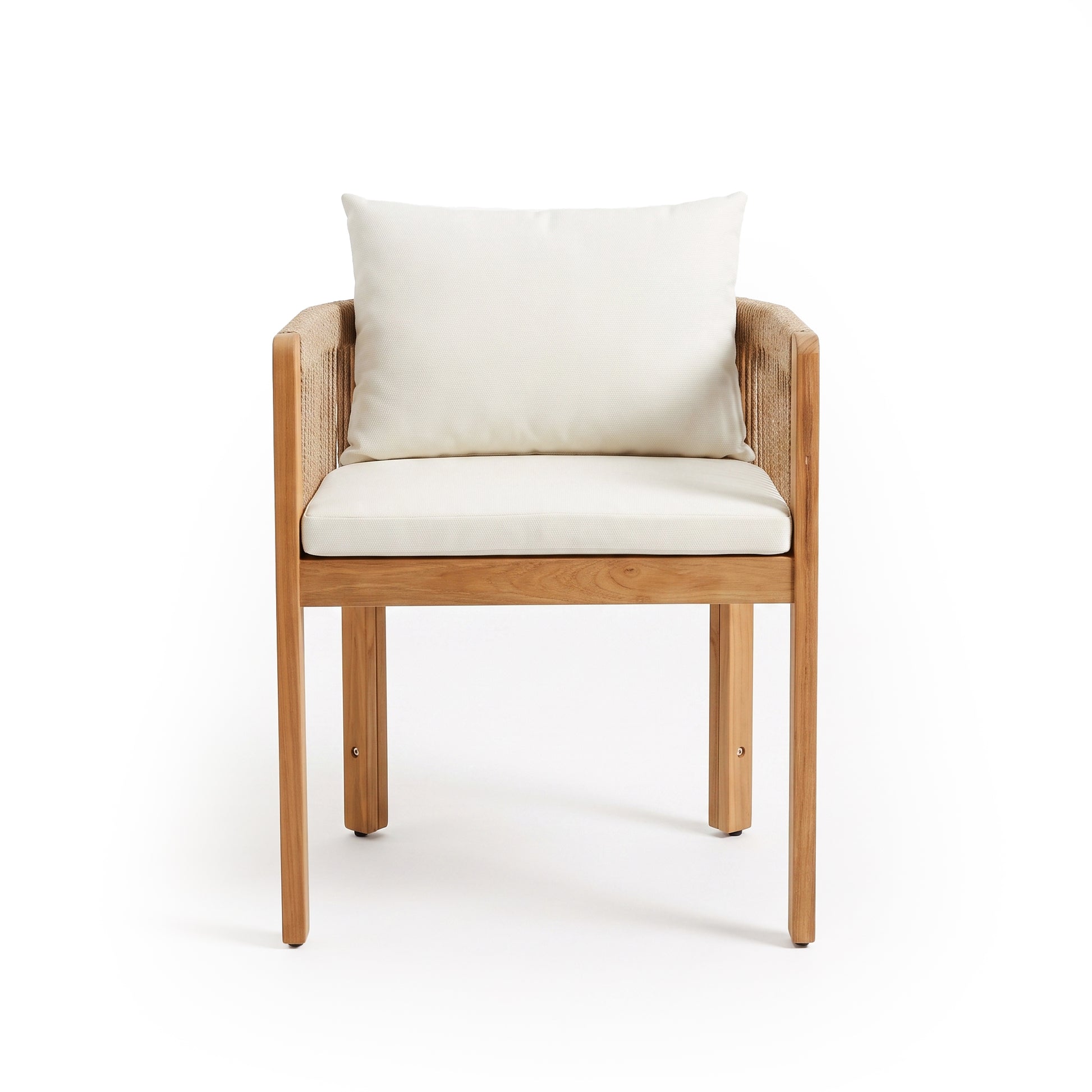 Wooden armchair with white cushions on a white background