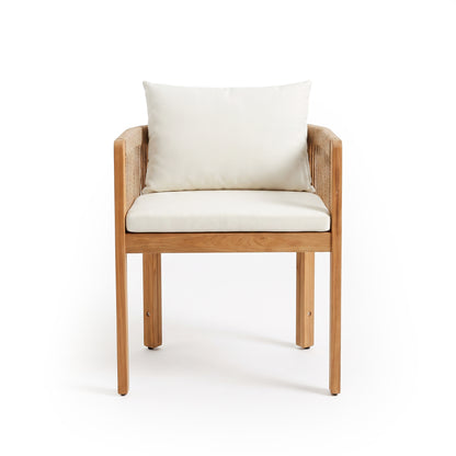Wooden armchair with white cushions on a white background