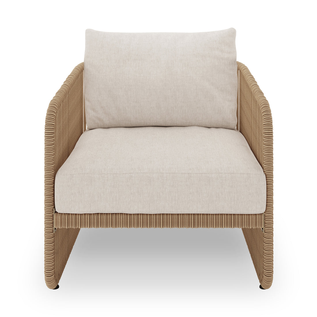 Solari 4 Seater Wicker Outdoor Sofa Set in Natural features a tan rattan-style single-seat lounge chair with beige seat and back cushions, showcasing resort-style comfort and durable design.