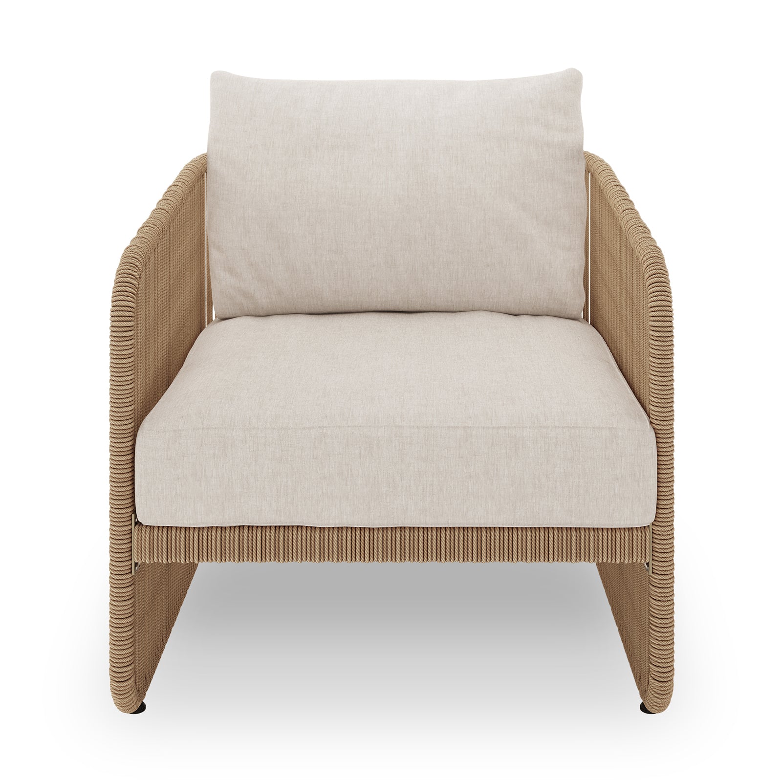 Solari 4 Seater Wicker Outdoor Sofa Set in Natural features a tan rattan-style single-seat lounge chair with beige seat and back cushions, showcasing resort-style comfort and durable design.