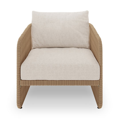 Solari 4 Seater Wicker Outdoor Sofa Set in Natural features a tan rattan-style single-seat lounge chair with beige seat and back cushions, showcasing resort-style comfort and durable design.