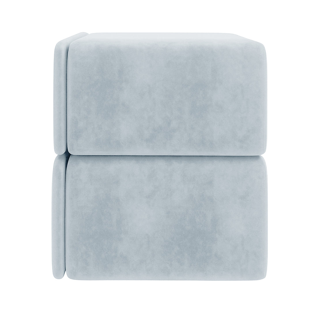 Luxo Tyla Modern Velvet Bedside Table Ice Blue, featuring two stacked pale-blue, upholstered cubic ottoman blocks, showcasing its plush velvet texture and compact, stylish design against a plain backdrop.