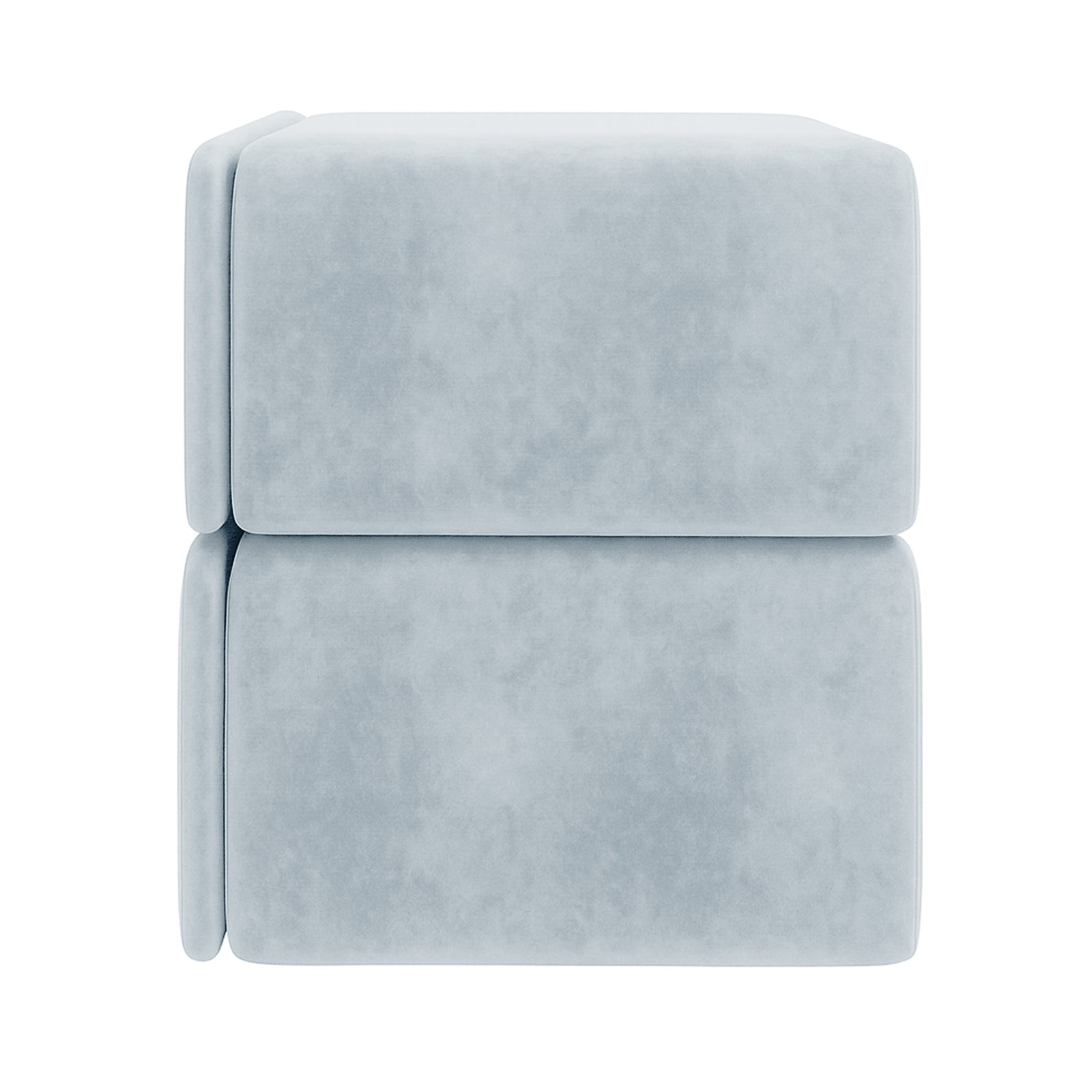 Luxo Tyla Modern Velvet Bedside Table Ice Blue, featuring two stacked pale-blue, upholstered cubic ottoman blocks, showcasing its plush velvet texture and compact, stylish design against a plain backdrop.