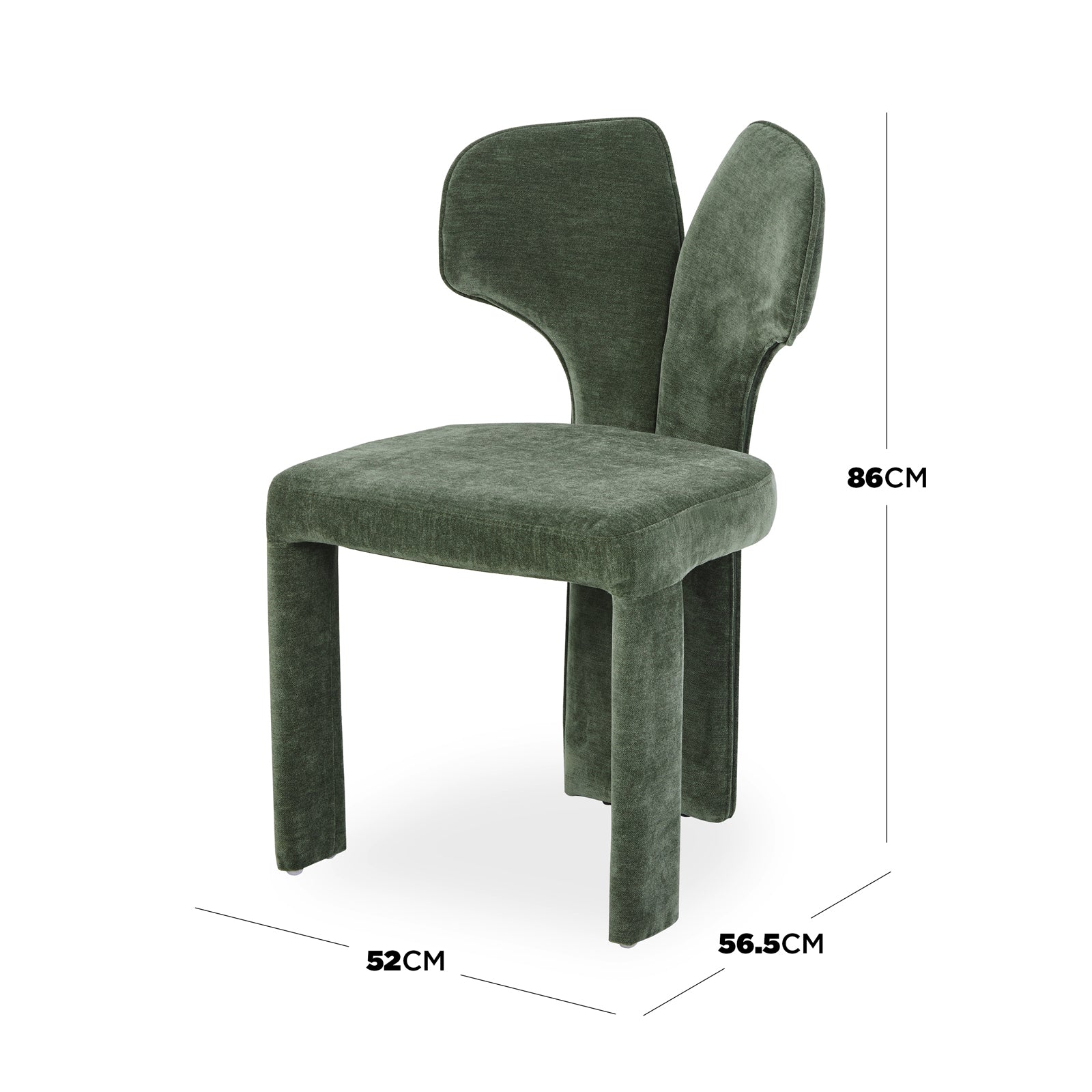 Green upholstered chair on white background with dimensions labeled