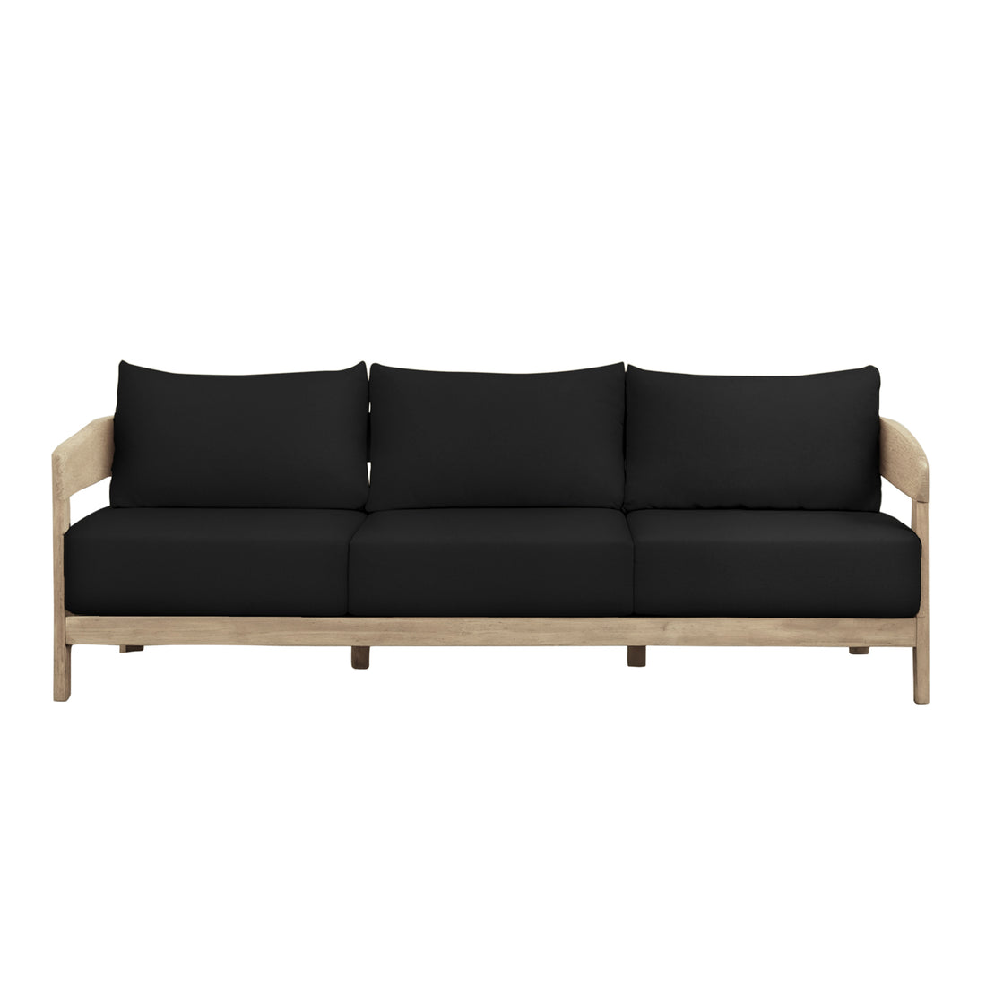 Elani 5 Seater Acacia Hardwood Outdoor Sofa Set in Black, featuring a minimalist three-seat design with a natural-wood frame and straight, low arms, complemented by plush black cushions.