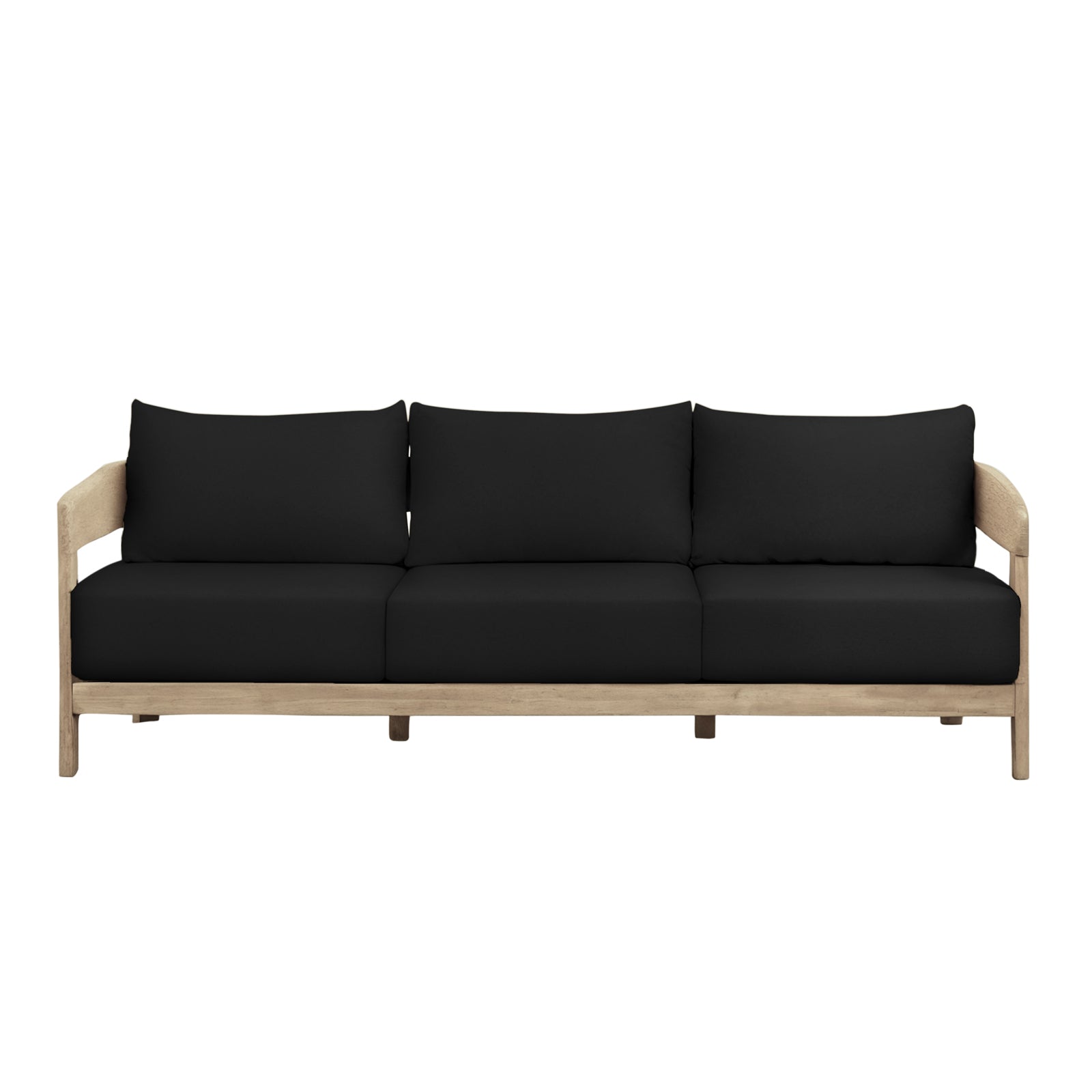 Elani 5 Seater Acacia Hardwood Outdoor Sofa Set in Black, featuring a minimalist three-seat design with a natural-wood frame and straight, low arms, complemented by plush black cushions.