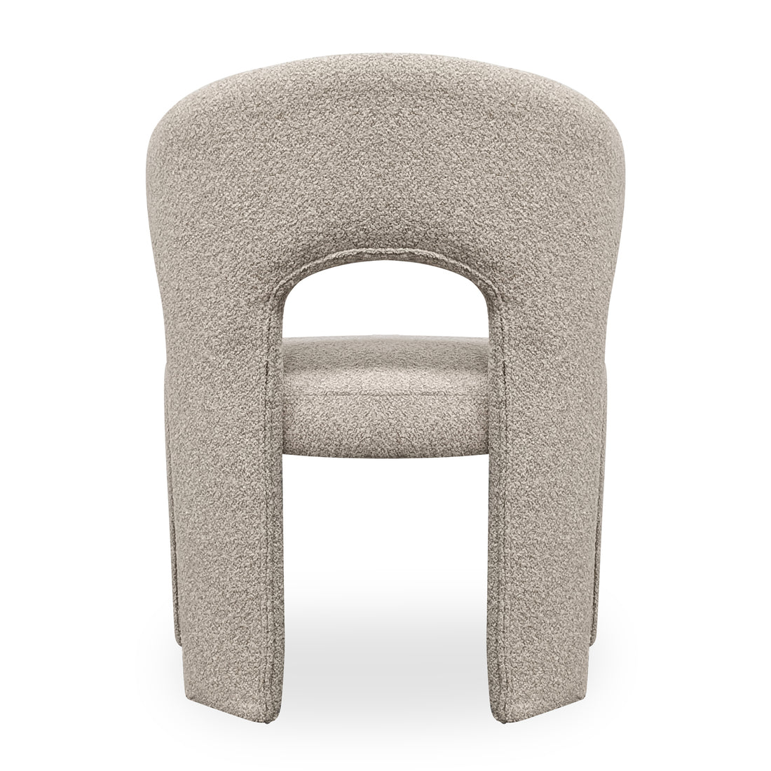 Lunari Bouclé Curved Accent Chair in Beige, showcasing a modern rear view with a curved backrest, split legs, and a cut-out design, upholstered in textured bouclé fabric.