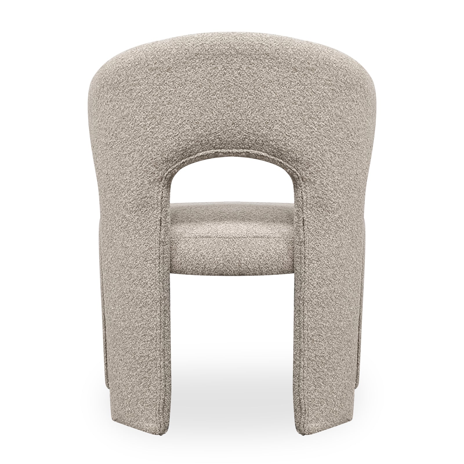 Lunari Bouclé Curved Accent Chair in Beige, showcasing a modern rear view with a curved backrest, split legs, and a cut-out design, upholstered in textured bouclé fabric.
