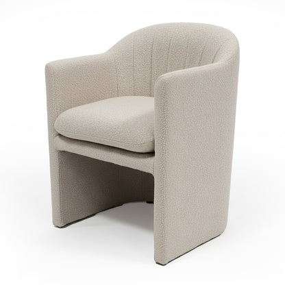 Liora Bouclé Curved Accent Armchair in Beige, featuring a monolithic silhouette, curved armrests and backrest, in boucle fabric with padded seat, offering a stylish, supportive seating solution.