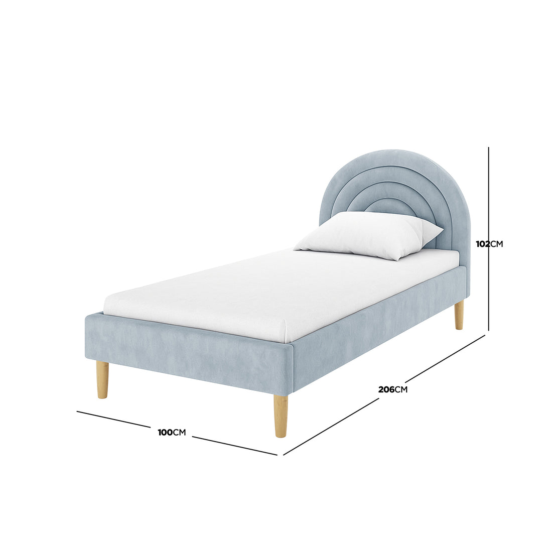 Estilla Velvet Rainbow Bed in Ice Blue features a gently arched headboard, pale blue/grey upholstery, and turned wooden legs, providing a cozy, stylish sleep space with ample under-bed storage.