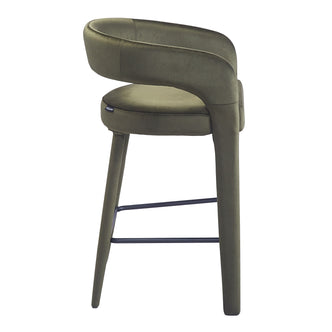 Modern olive green upholstered bar stool with curved backrest on white background
