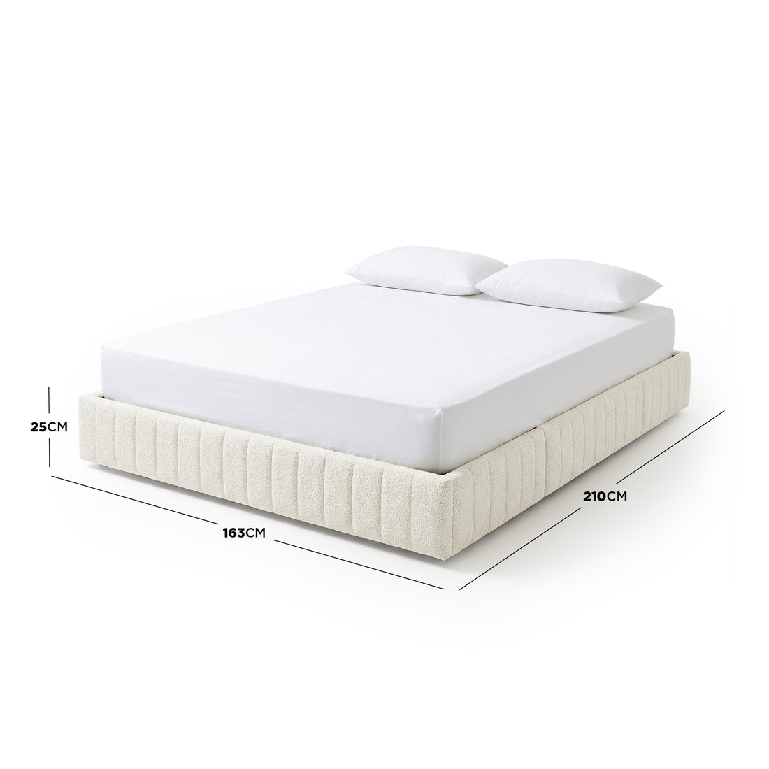 Upholstered bed on white background with labeled dimensions
