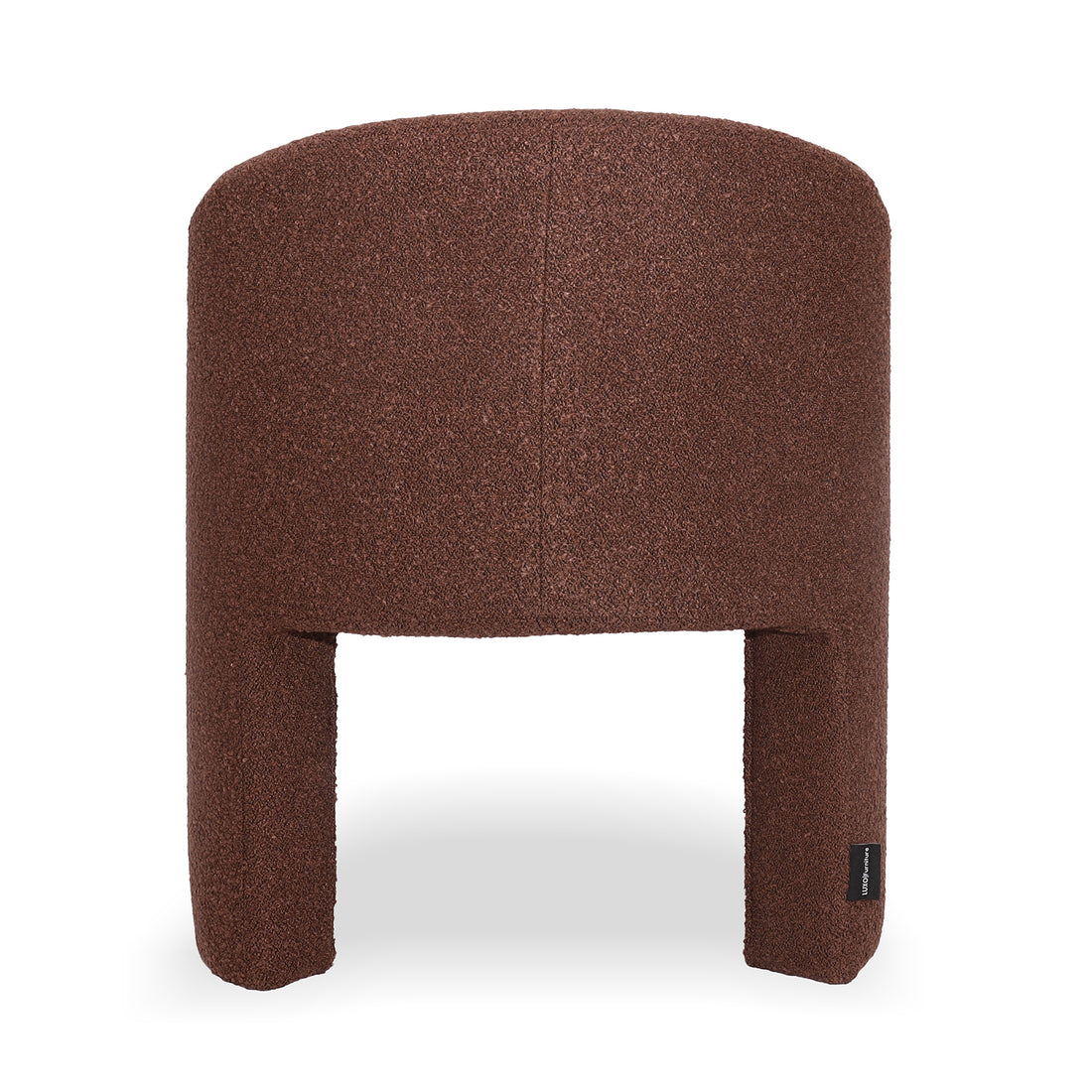 Nuve Bouclé Upholstered Accent Armchair in Rust Brown features a textured cylindrical seat with chunky, arch-like legs, offering modern curves and a cozy, supportive design for stylish, compact living spaces.