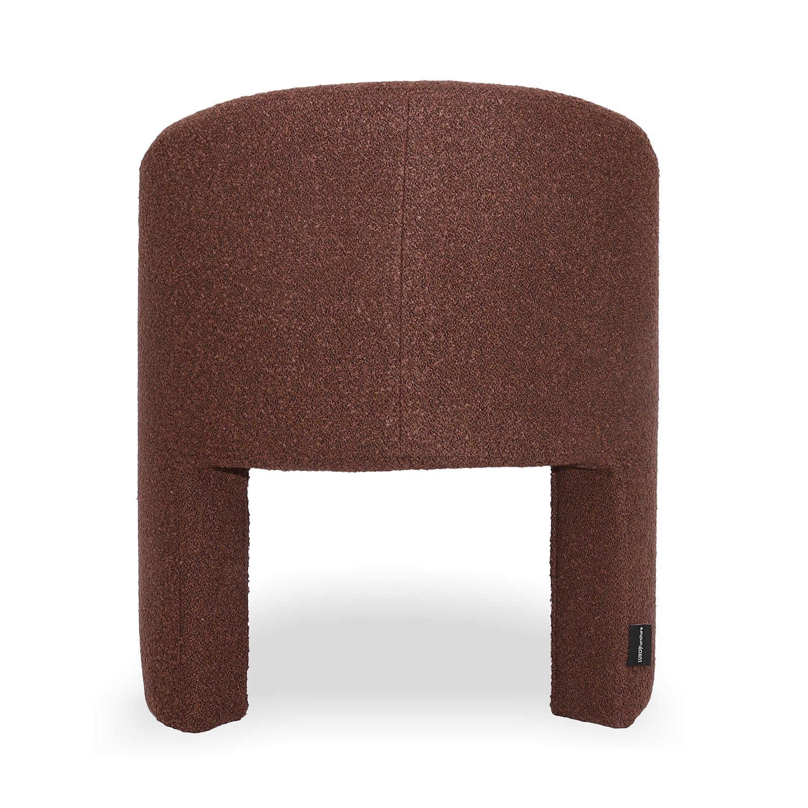 Nuve Bouclé Upholstered Accent Armchair in Rust Brown features a textured cylindrical seat with chunky, arch-like legs, offering modern curves and a cozy, supportive design for stylish, compact living spaces.
