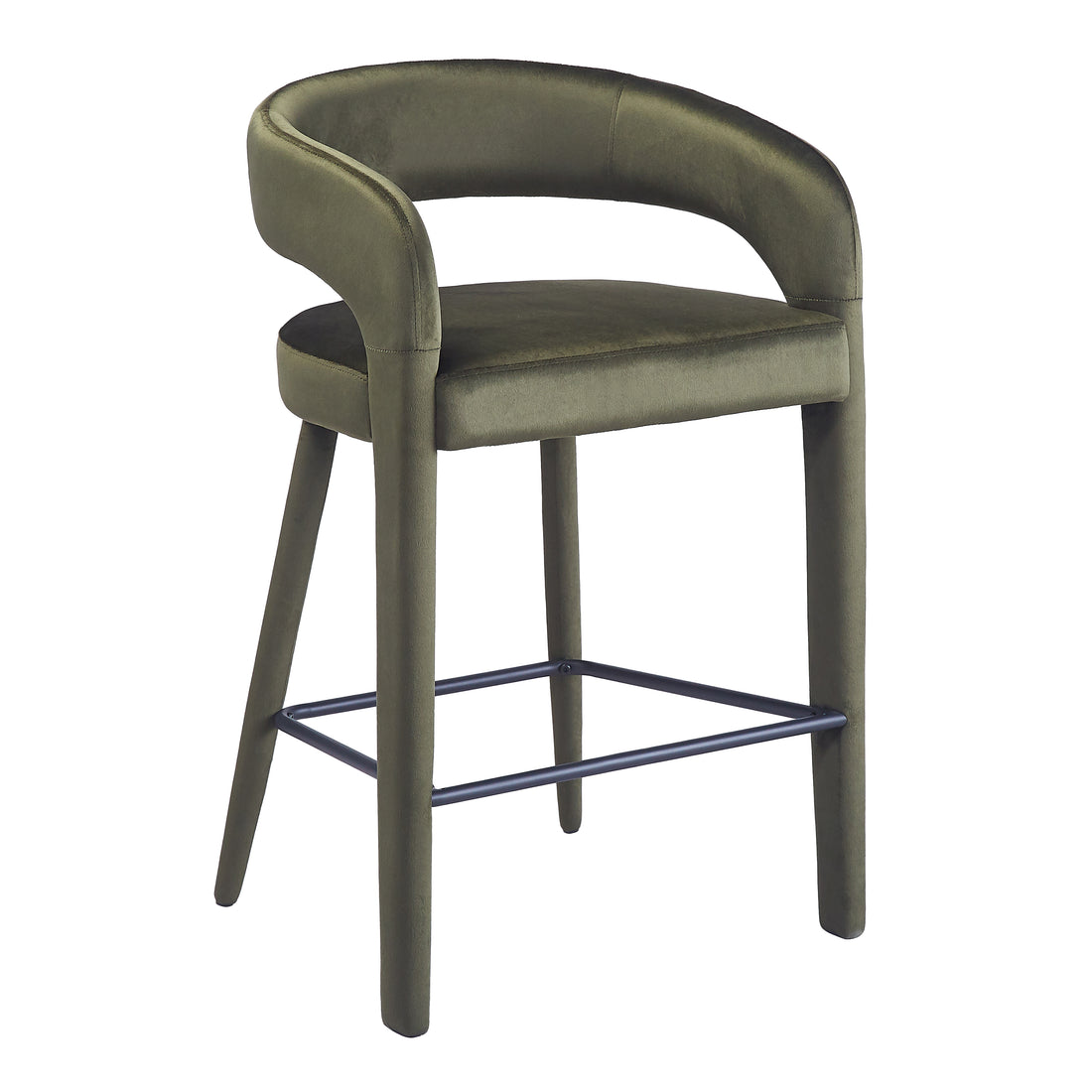 Olive green upholstered bar stool with wraparound backrest on white background