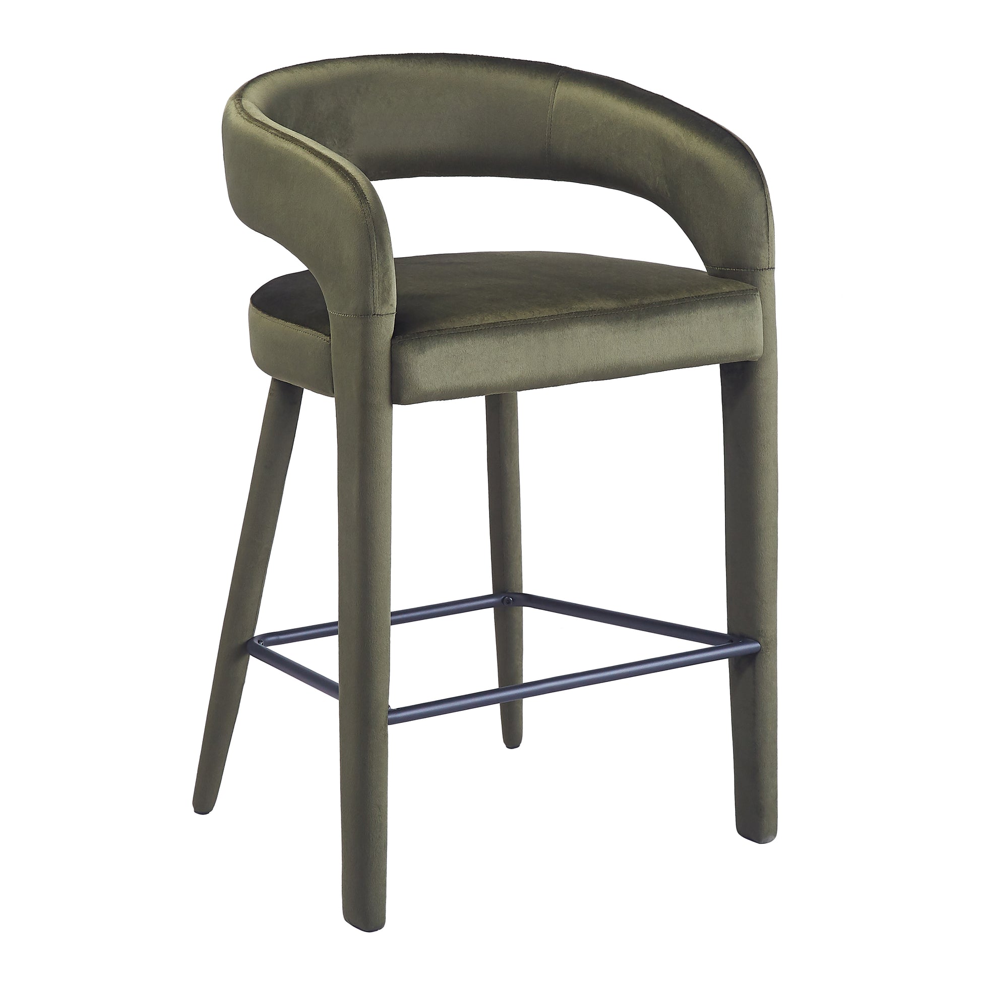 Olive green upholstered bar stool with wraparound backrest on white background