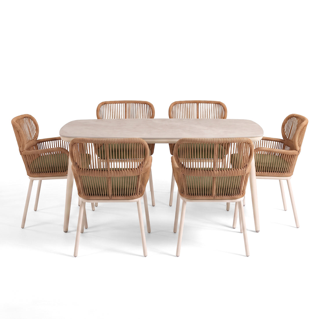 Dining table set with six matching chairs on a white background