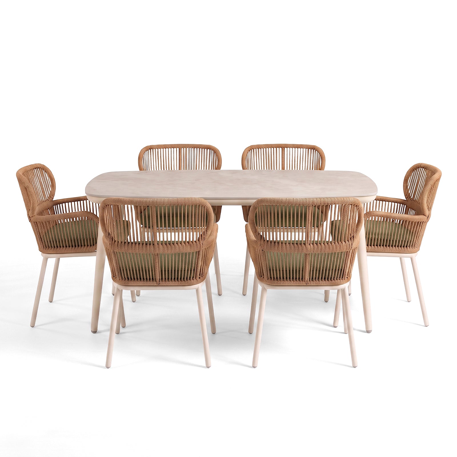 Dining table set with six matching chairs on a white background