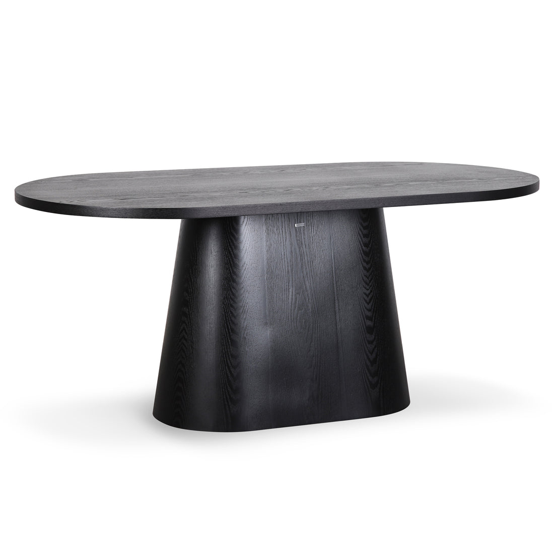 Gigi 180cm Oval Wooden Dining Table in Black features a dark-stained oval top with a sculptural pedestal base, offering a modern, elegant look ideal for enhancing dining spaces with style and functionality.