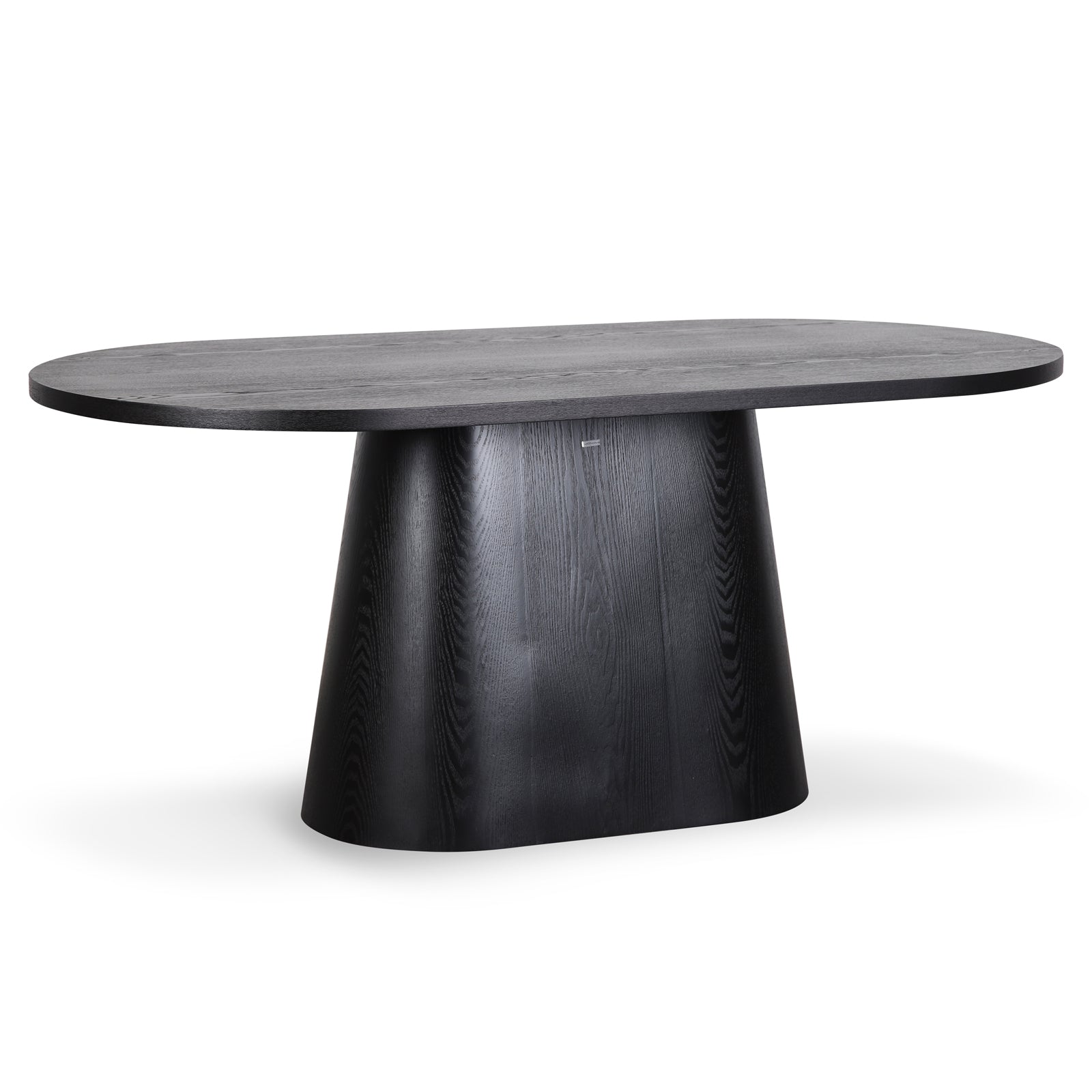 Gigi 180cm Oval Wooden Dining Table in Black features a dark-stained oval top with a sculptural pedestal base, offering a modern, elegant look ideal for enhancing dining spaces with style and functionality.