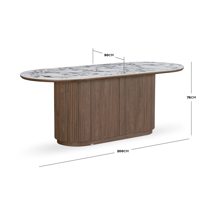 Oval dining table with marble top and wood base on white background showing dimensions