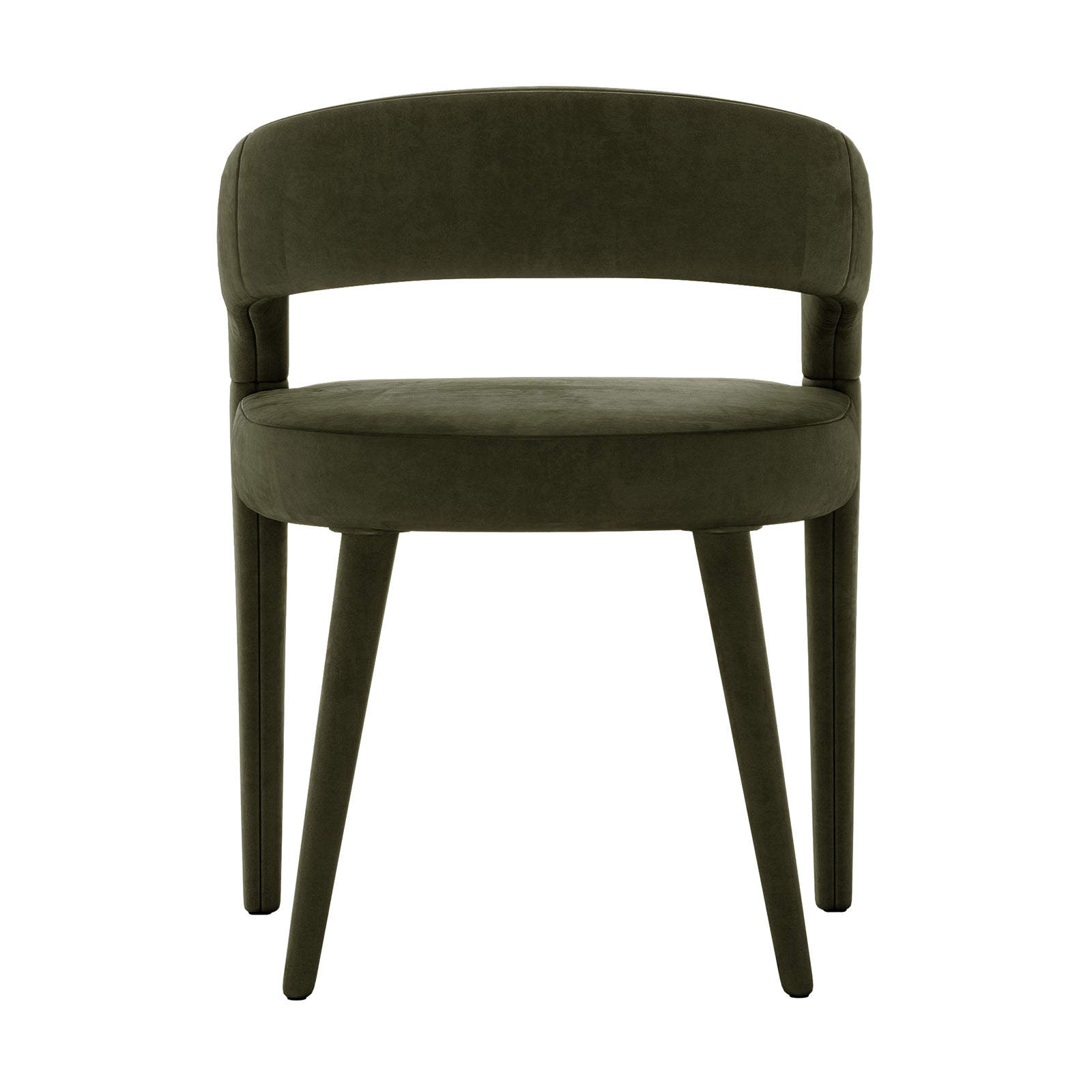 Eisha Velvet Dining Chair Set of 2 in Woodland Green, featuring a modern, minimalist design with a rounded low backrest, thick padded seat, and tapered legs, all upholstered in plush velvet.