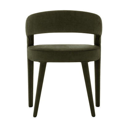 Eisha Velvet Dining Chair Set of 2 in Woodland Green, featuring a modern, minimalist design with a rounded low backrest, thick padded seat, and tapered legs, all upholstered in plush velvet.