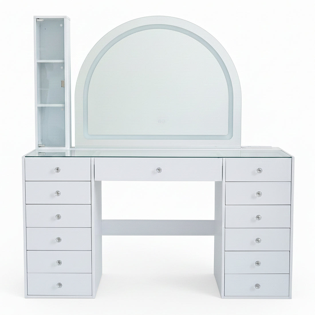 White vanity table with semicircular mirror and shelving on white background
