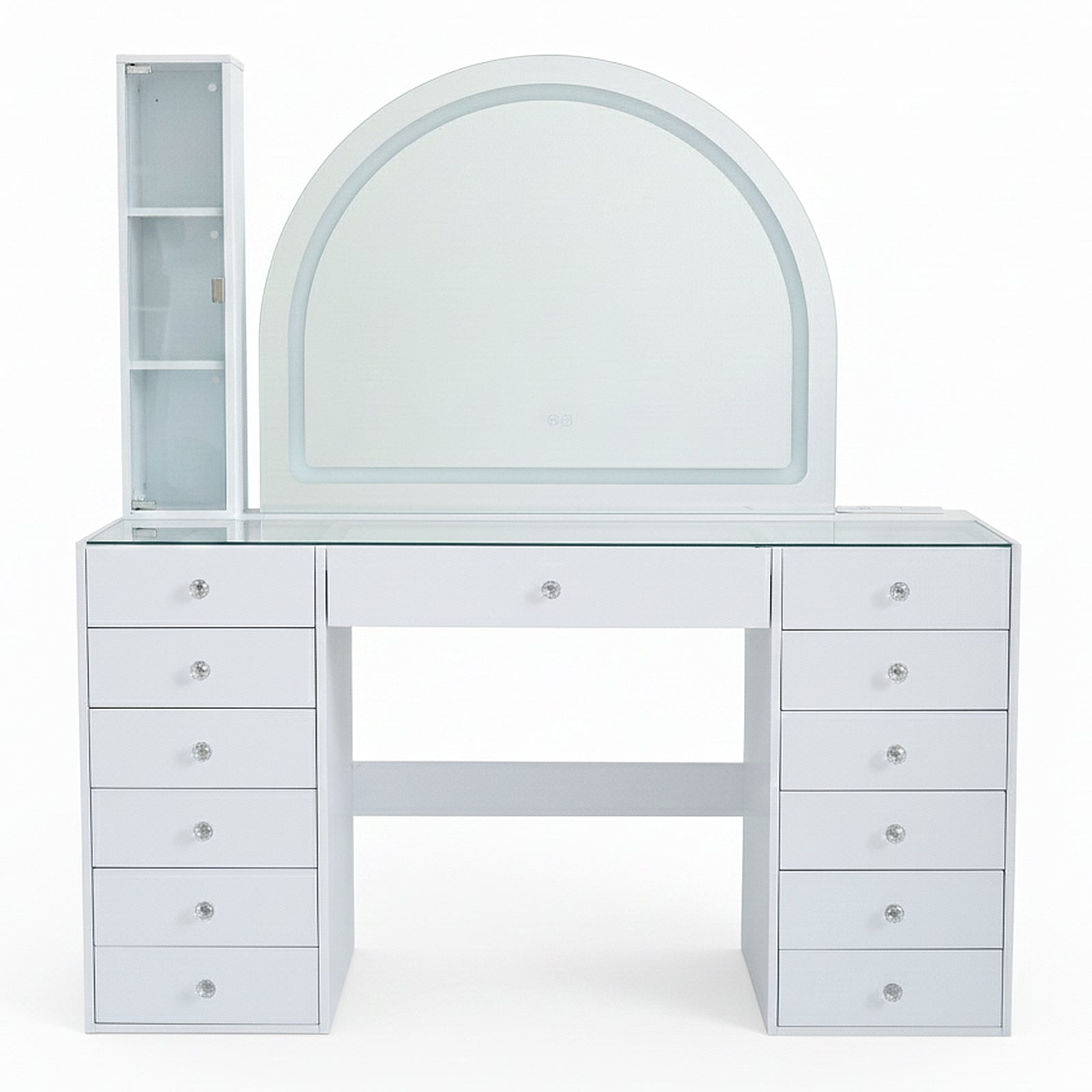 White vanity table with semicircular mirror and shelving on white background