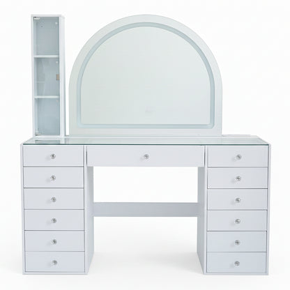 White vanity table with semicircular mirror and shelving on white background