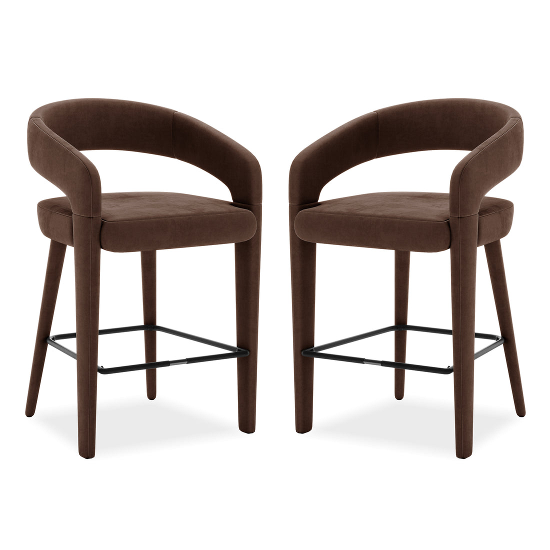 Pair of modern brown upholstered bar stools on white background