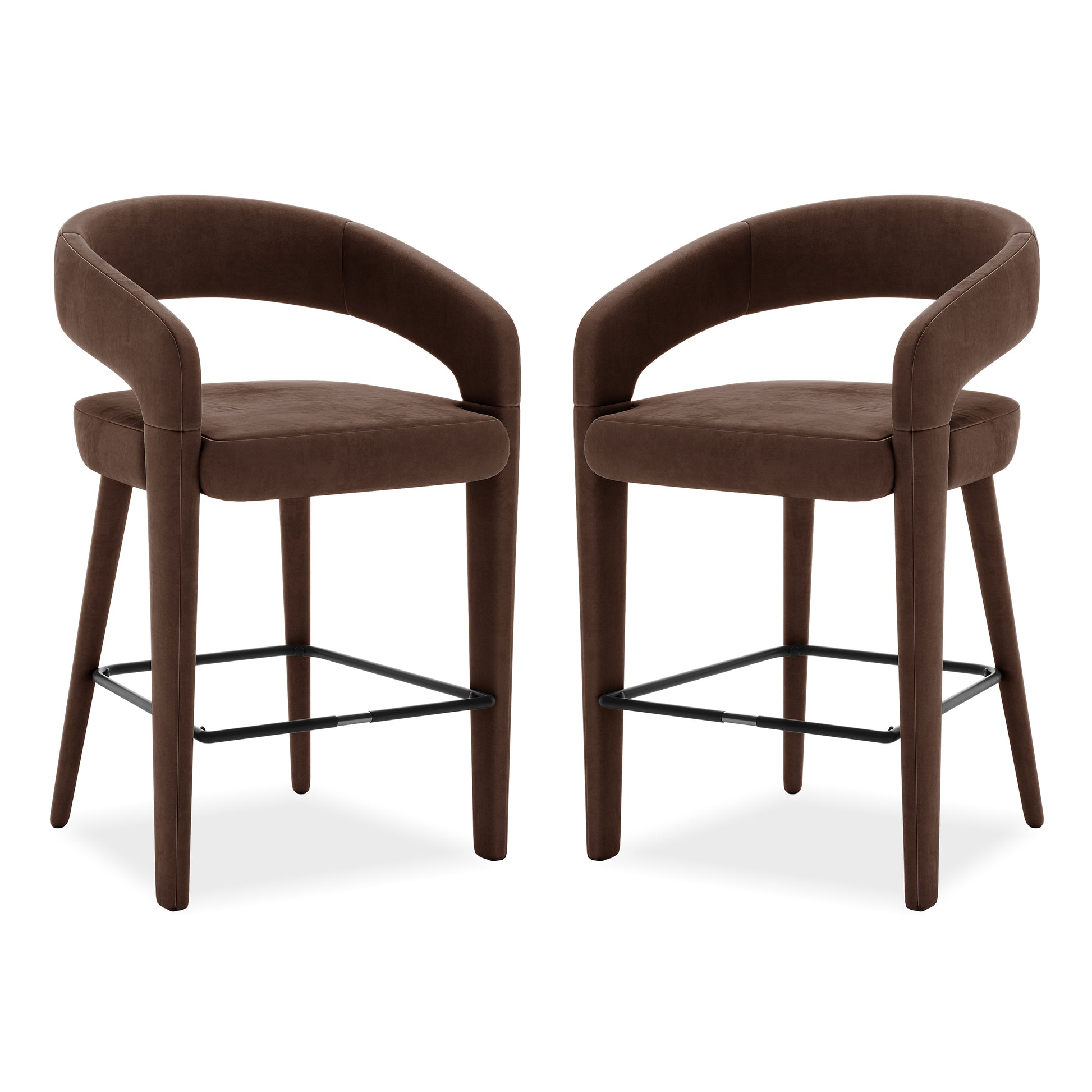 Pair of modern brown upholstered bar stools on white background